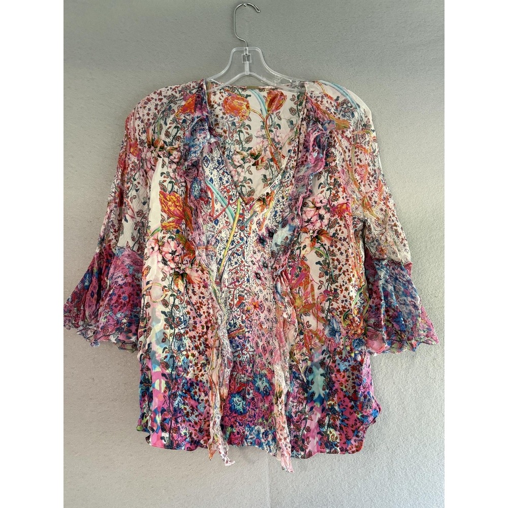 Elie Tahari Blouse Womens S Multicolor Floral Ruffle Silk Sheer V Neck Tunic Top